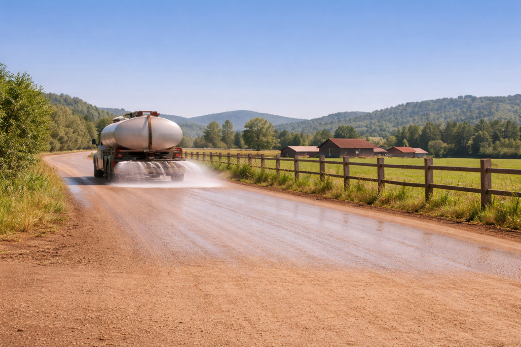 Aplicación de supresor de polvo en camino de tierra mediante camión aljibe para reducir polvo en suspensión
