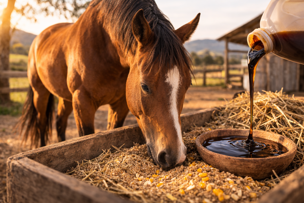 Caballo comiendo alimento mezclado con melaza en alimentación equina