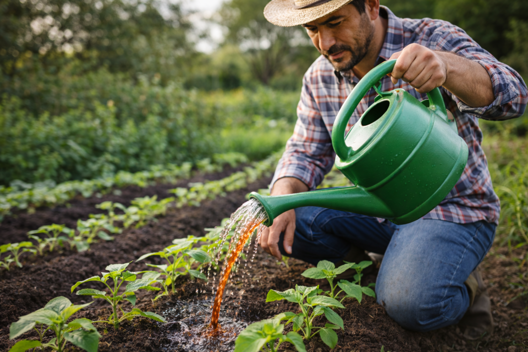 Aplicación de melaza diluida en riego para plantas de huerto