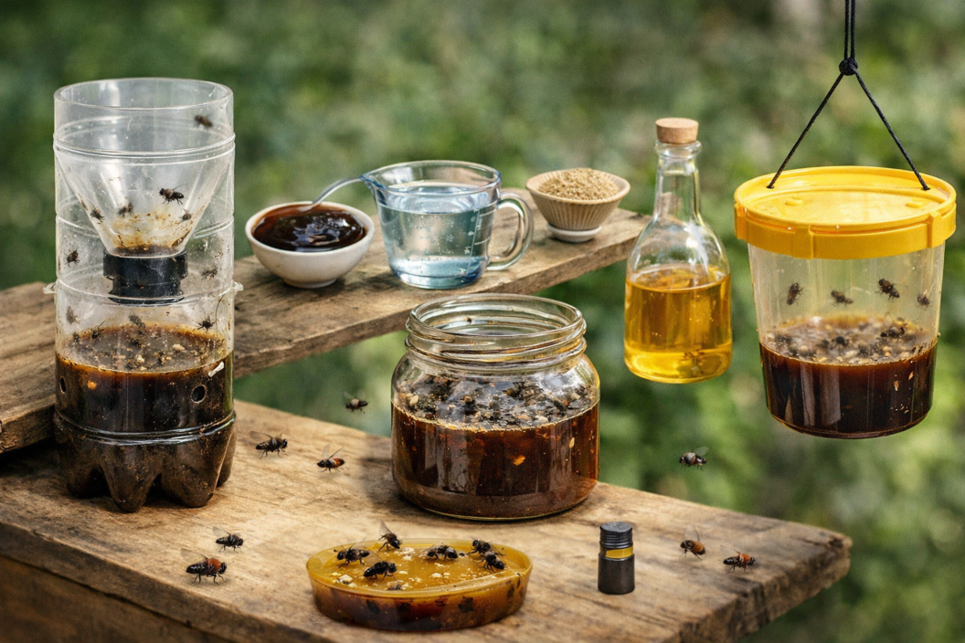 Trampa para moscas y mosca de la fruta con melaza de caña espesa